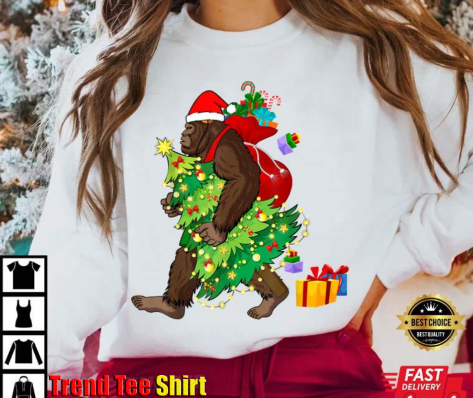 Bigfoot Through The Snow Christmas Tree Sasquatch T-Shirt